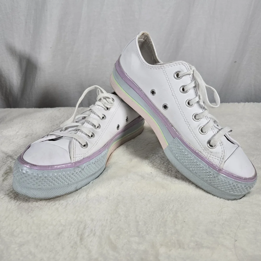 Convere All Star White Leather Platform  Low Top Shoes Size 7 - Picture 8 of 8